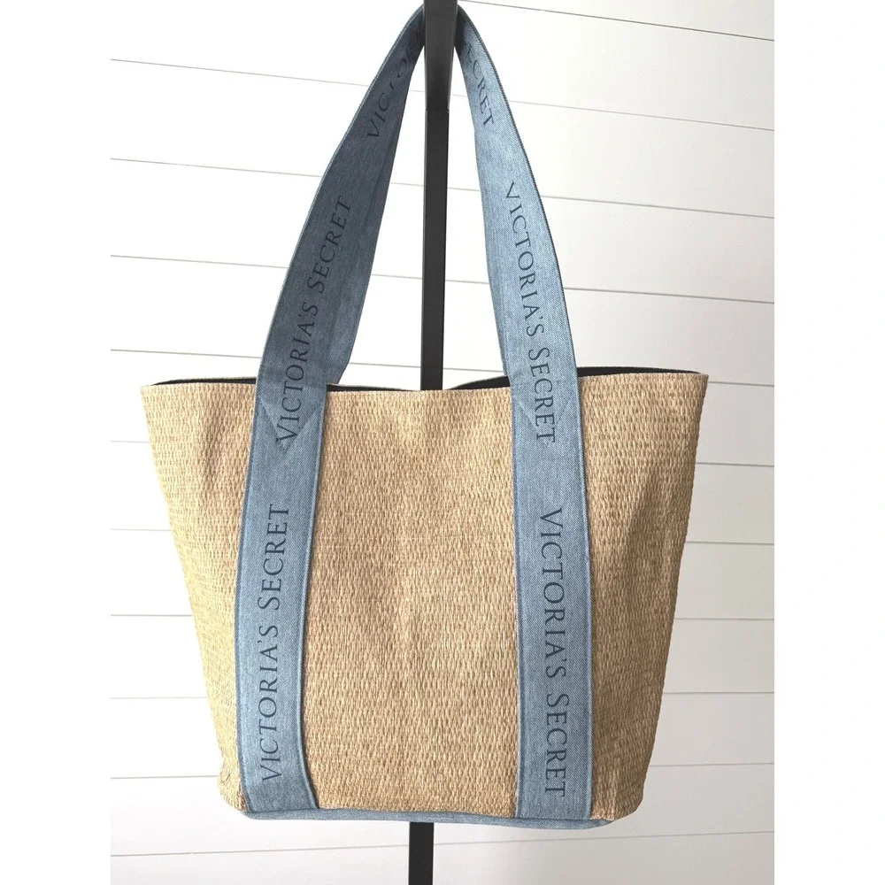 Victoria's Secret Paper Straw Tote Bag with Denim Logo Straps Lined Snap Closure